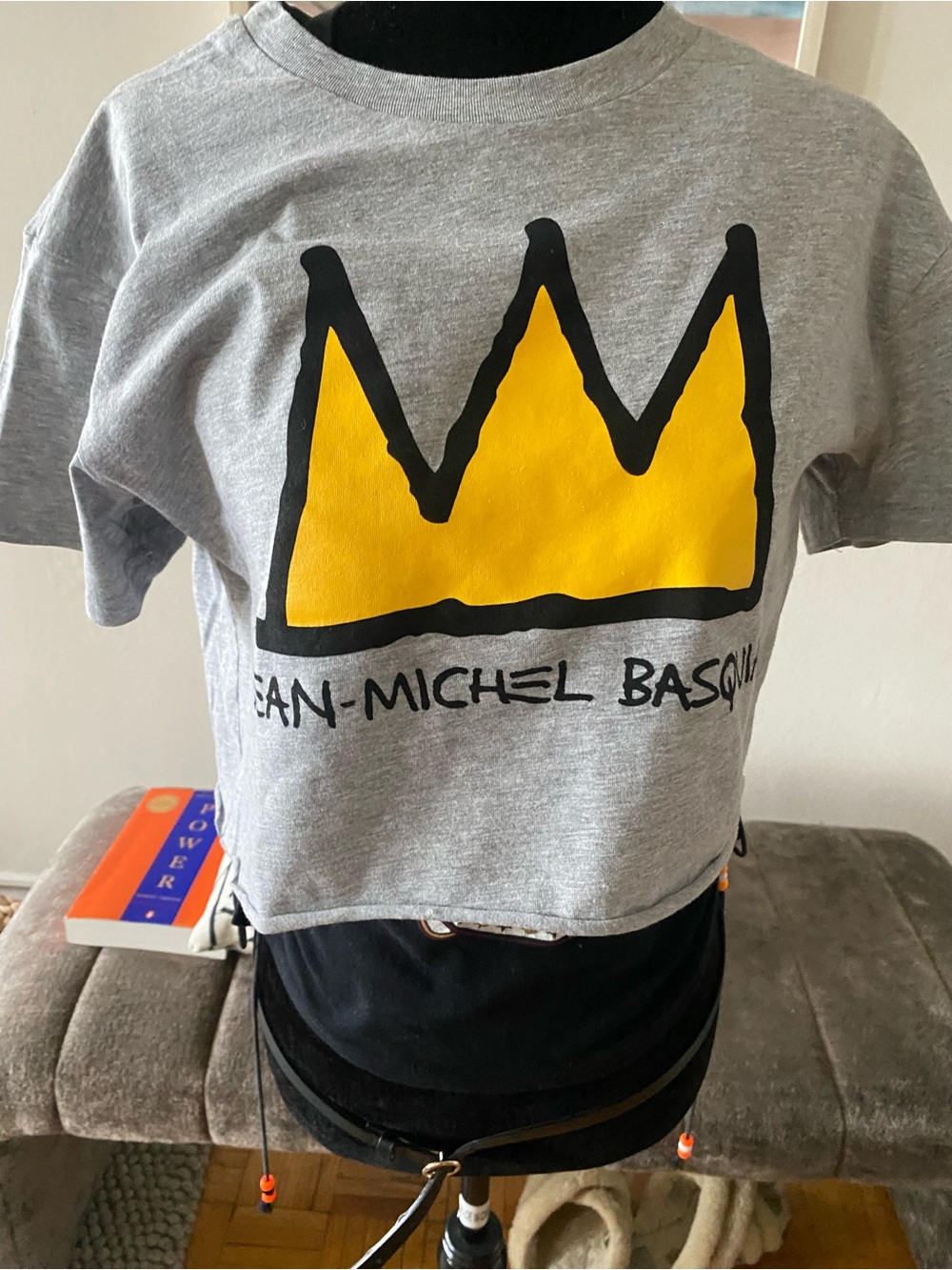 Jean-Michel Basquiat Cropped Gray T-Shirt with Yellow Crown Graphic